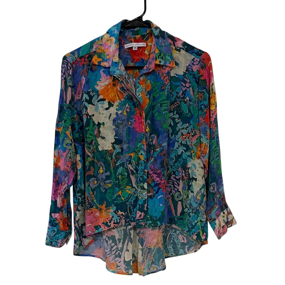 Anthropologie Amanda Uprichard Floral Watercolor Silk Button Hi Lo Boxy Tunic P